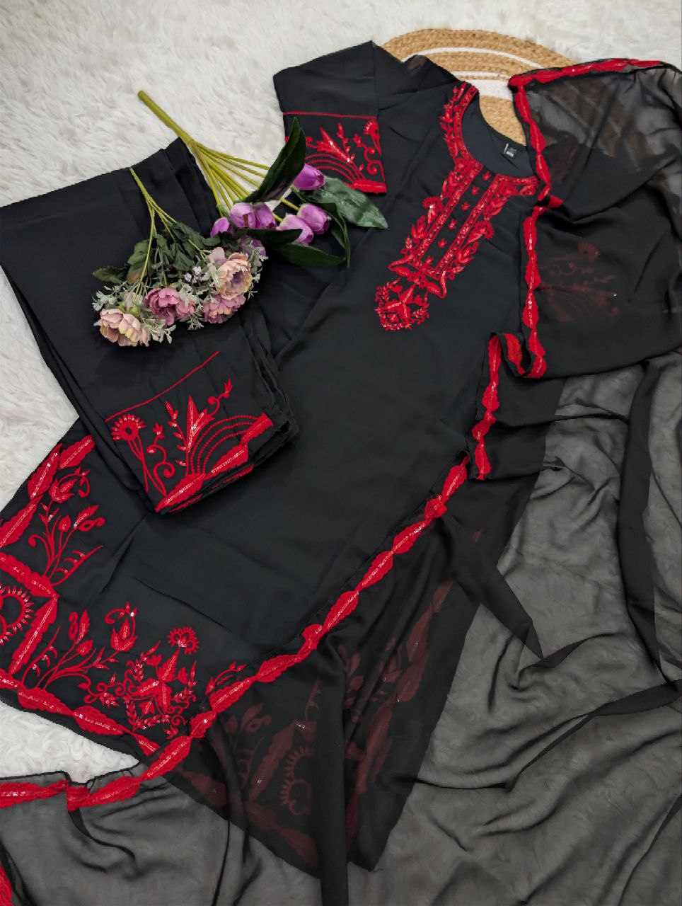 Black Embroidery Women Kurti Pant with Dupatta Set mahezon