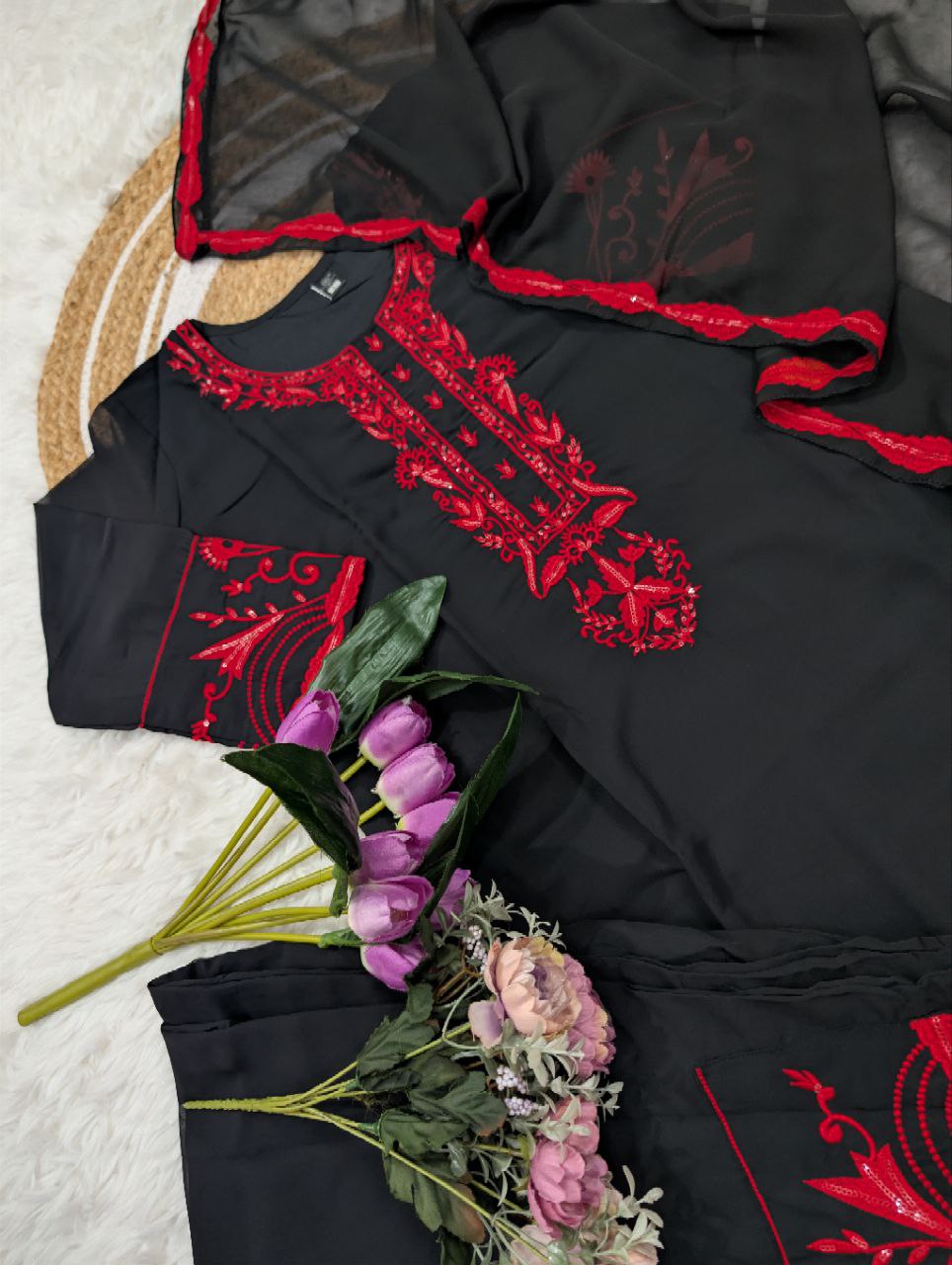 Black Embroidery Women Kurti Pant with Dupatta Set mahezon