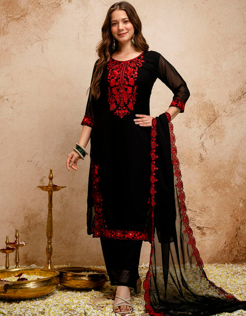 Load image into Gallery viewer, Black Embroidery Women Kurti Pant with Dupatta Set mahezon
