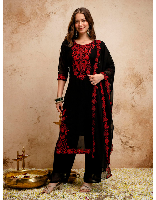 Load image into Gallery viewer, Black Embroidery Women Kurti Pant with Dupatta Set mahezon
