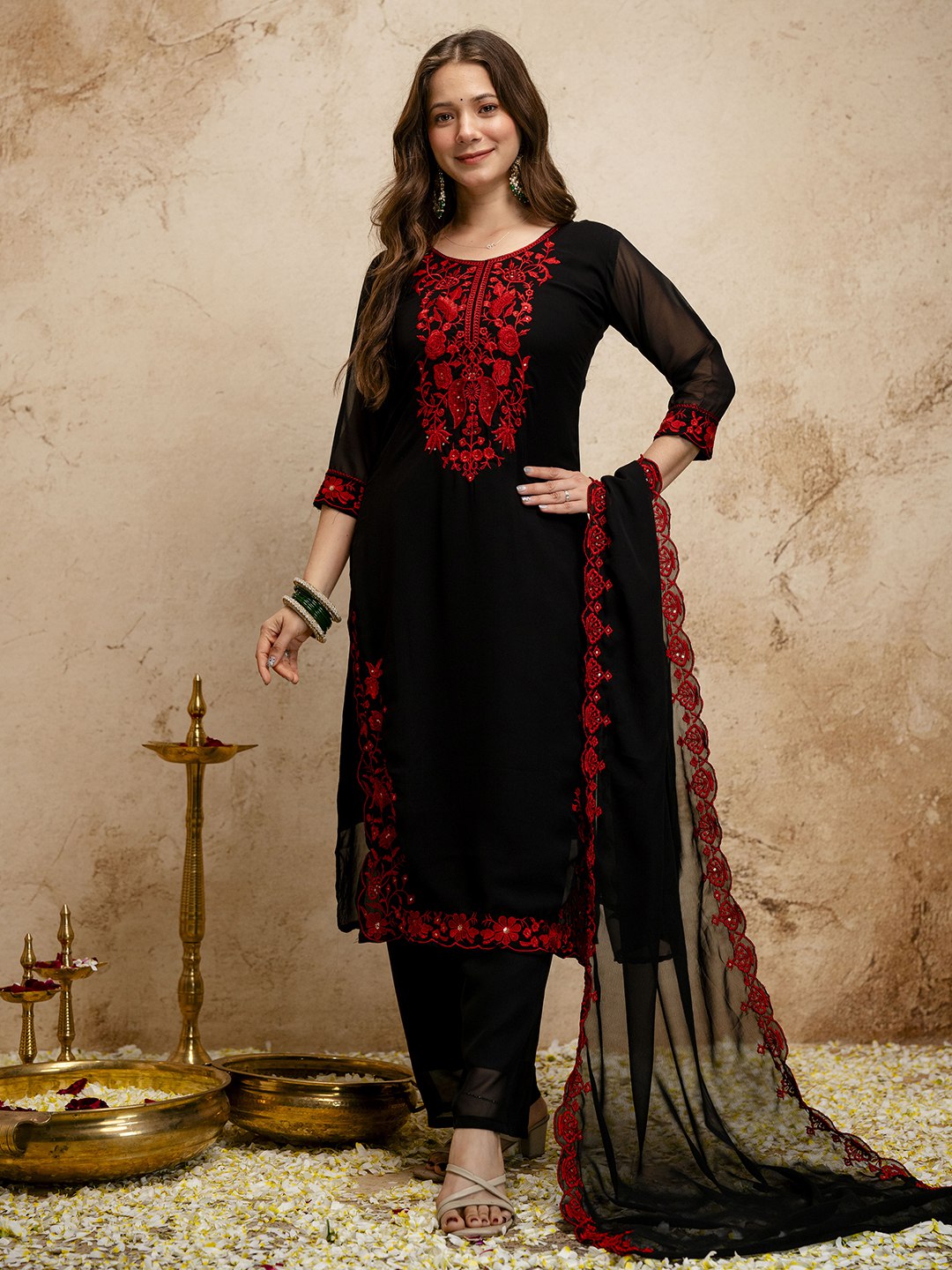 Black Embroidery Women Kurti Pant with Dupatta Set mahezon