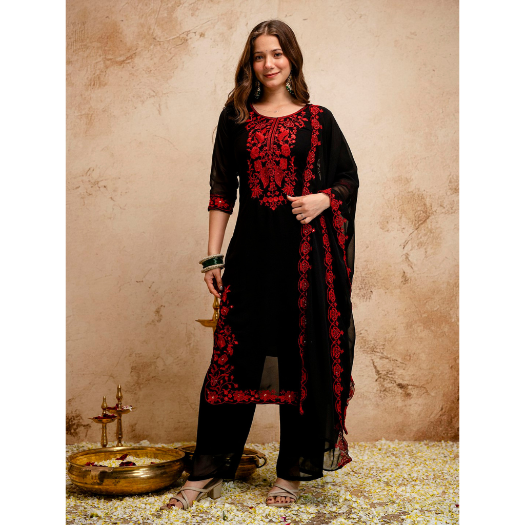 Black Embroidery Women Kurti Pant with Dupatta Set mahezon