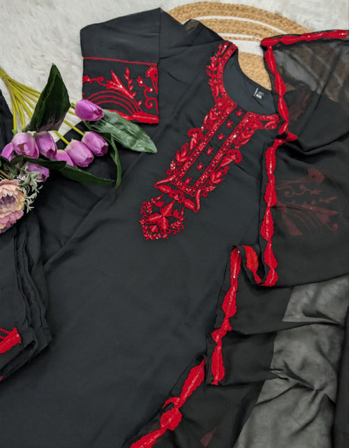 Load image into Gallery viewer, Black Embroidery Women Kurti Pant with Dupatta Set mahezon
