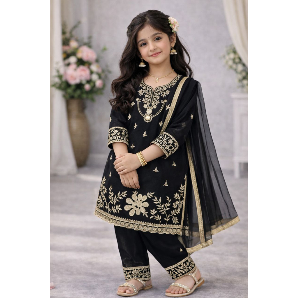 Festive Embroidery Sequence Kid Girl Kurti Palazzo with Dupatta Suit mahezon