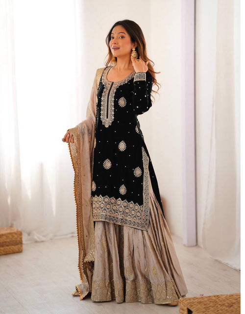Load image into Gallery viewer, Party Wear Designer Women Top Sharara with Dupatta Suit Dress 
