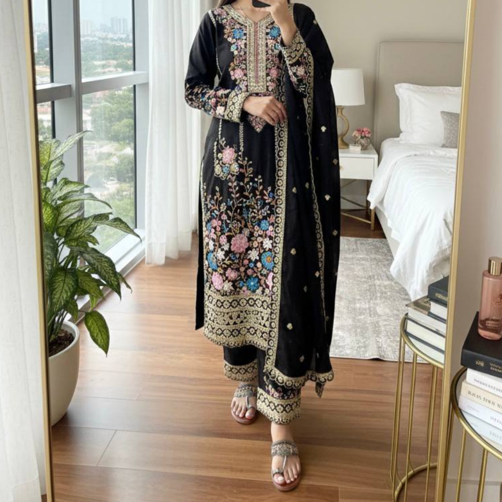 Wedding Sequence Embroidered Women Top Palazzo Dupatta Suit Dress mahezon