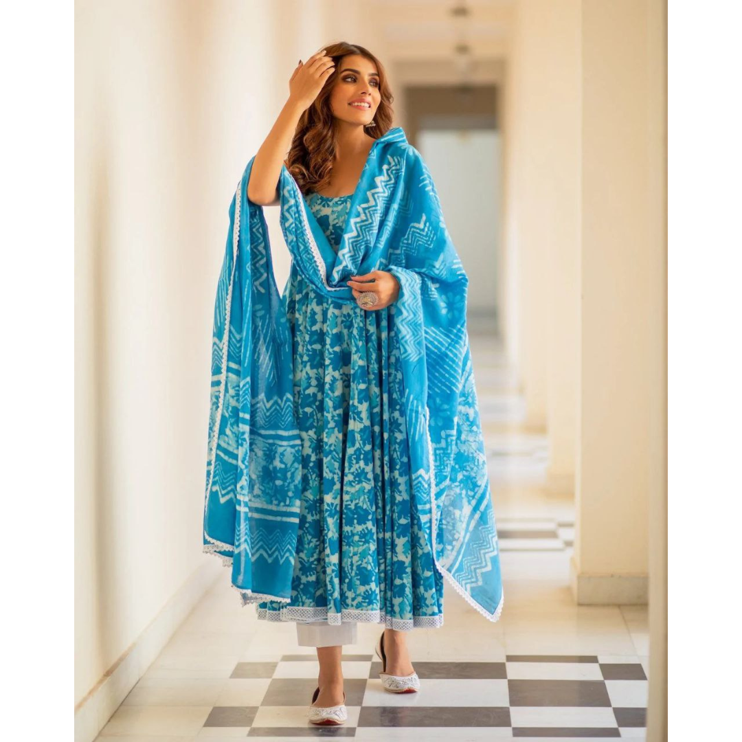 Blue Floral Cotton Women Kurti Pant with Dupatta Suit mahezon
