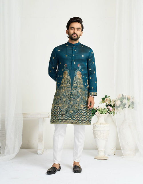 Load image into Gallery viewer, Blue Crunchy Silk Ethnic Traditional Indian Couple Wear Same Matching Men Kurta Women Lehenga Blouse Dupatta for Weddings mahezon
