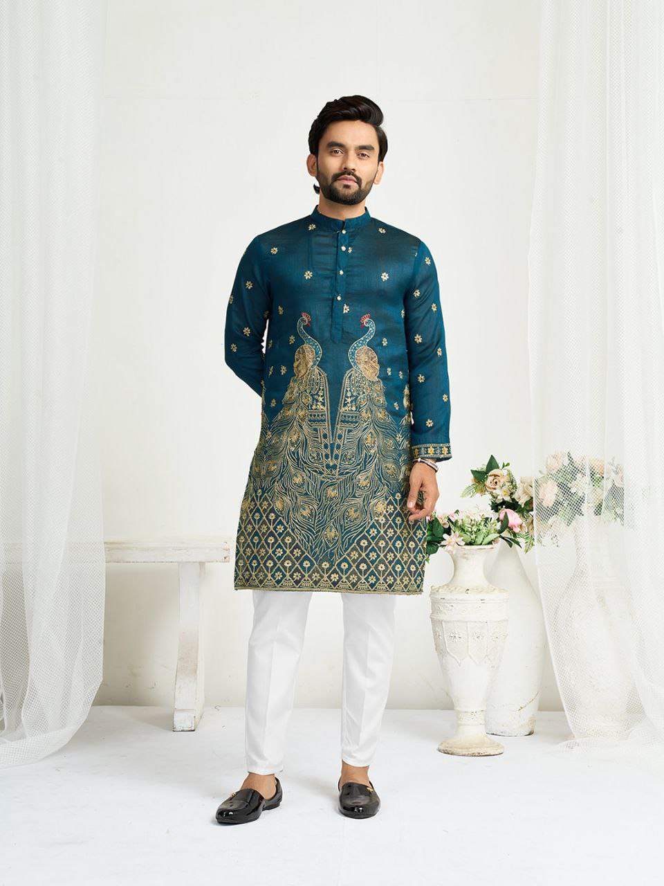 Blue Crunchy Silk Ethnic Traditional Indian Couple Wear Same Matching Men Kurta Women Lehenga Blouse Dupatta for Weddings mahezon