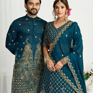 Blue Crunchy Silk Ethnic Traditional Indian Couple Wear Same Matching Men Kurta Women Lehenga Blouse Dupatta for Weddings mahezon