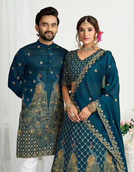 Blue Crunchy Silk Ethnic Traditional Indian Couple Wear Same Matching Men Kurta Women Lehenga Blouse Dupatta for Weddings mahezon