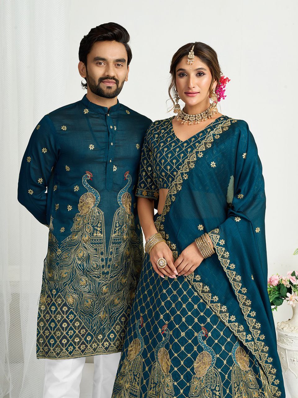 Blue Crunchy Silk Ethnic Traditional Indian Couple Wear Same Matching Men Kurta Women Lehenga Blouse Dupatta for Weddings mahezon