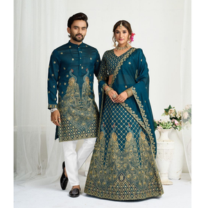 Blue Crunchy Silk Ethnic Traditional Indian Couple Wear Same Matching Men Kurta Women Lehenga Blouse Dupatta for Weddings mahezon