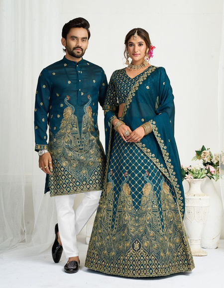 Blue Crunchy Silk Ethnic Traditional Indian Couple Wear Same Matching Men Kurta Women Lehenga Blouse Dupatta for Weddings mahezon