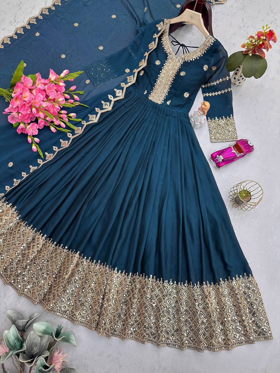 Festive Designer Embroidery  Sequin Women Gown Dupatta Dress mahezon