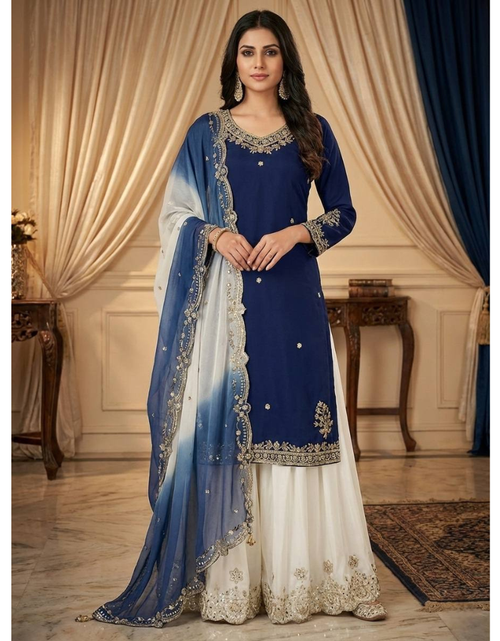 Load image into Gallery viewer, Festive Embroidered Sequence Women Top Palazzo Dupatta Suit Dress mahezon
