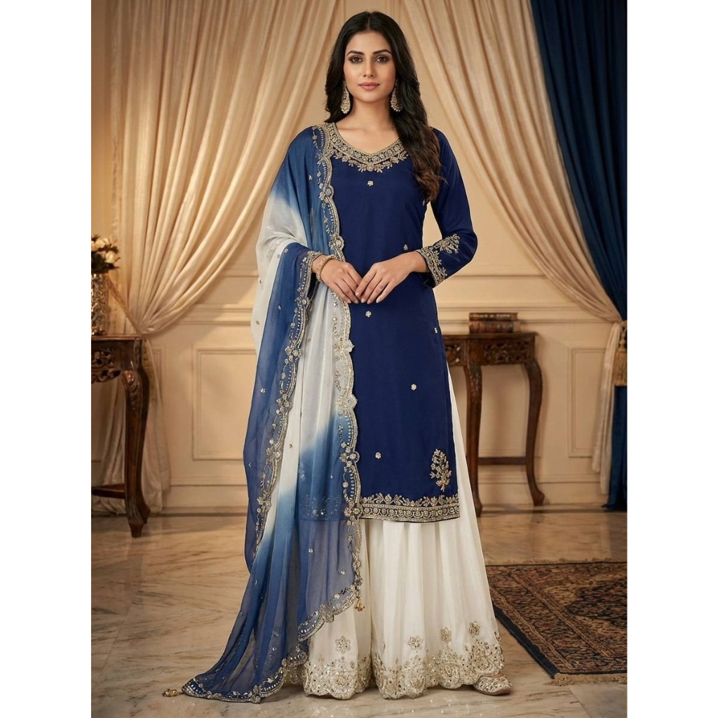 Festive Embroidered Sequence Women Top Palazzo Dupatta Suit Dress mahezon