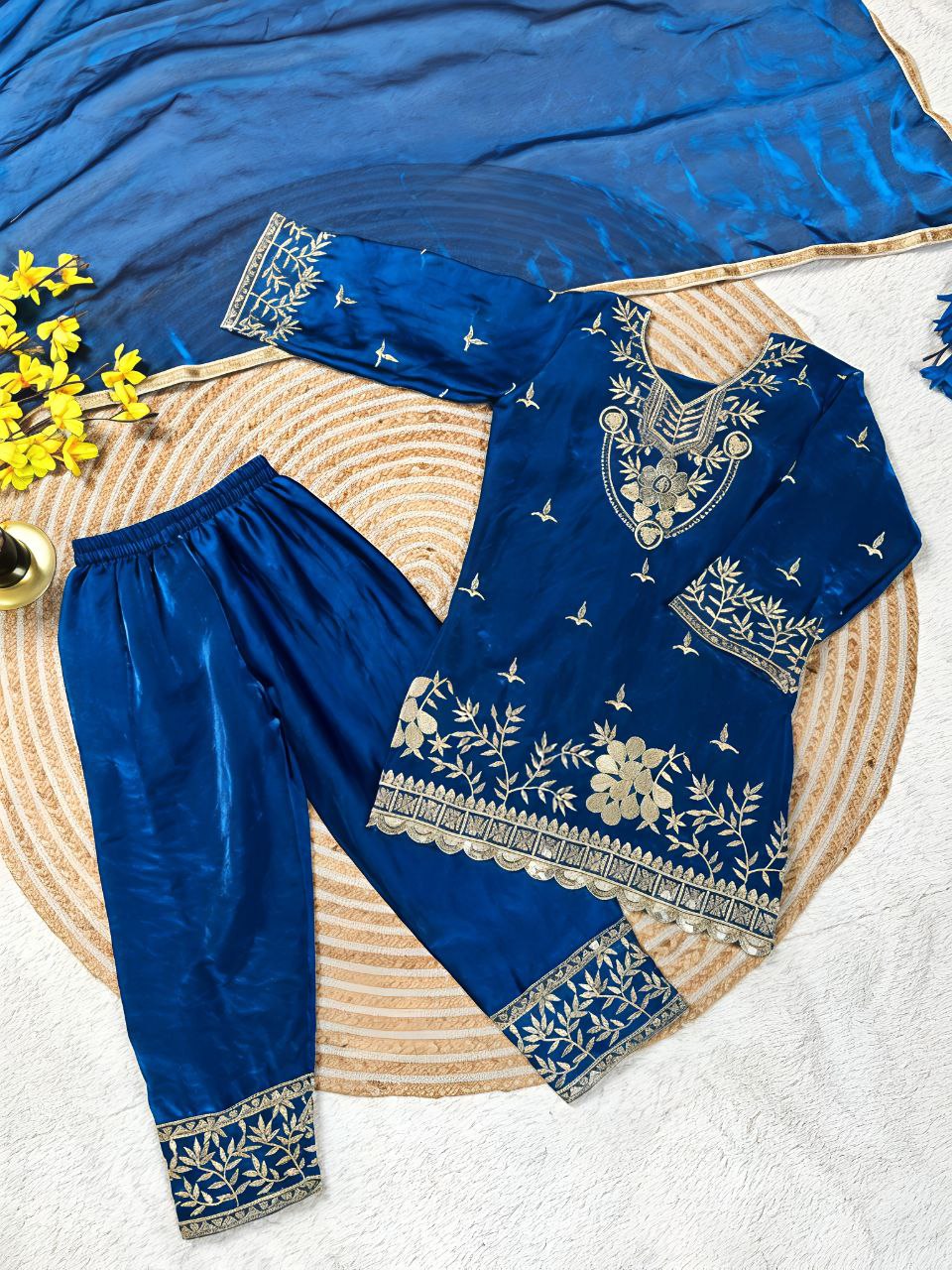 Festive Embroidery Sequence Kid Girl Kurti Palazzo with Dupatta Suit mahezon