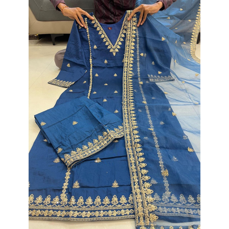 Festive Indian Silk Women Kurti Pant Dupatta Suit mahezon