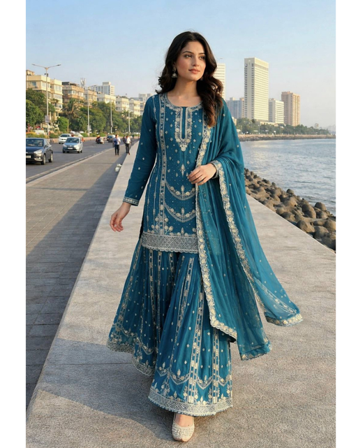 Load image into Gallery viewer, Festive Readymade Sequence Embroidered Women Top Palazzo Dupatta Suit Dress mahezon
