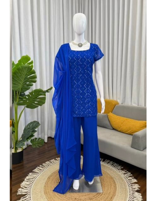 Load image into Gallery viewer, Festive Special Georgette Women Kurti Pant Dupatta Set mahezon
