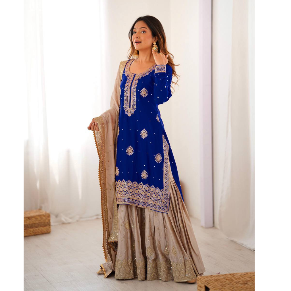 Party Wear Designer Women Top Sharara with Dupatta Suit Dress 