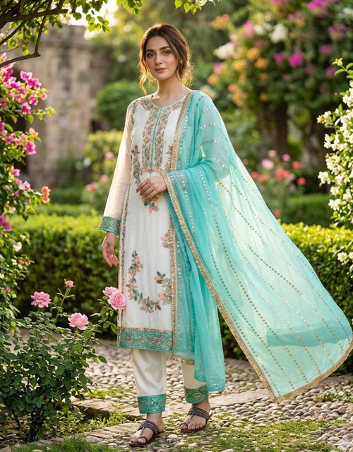 Load image into Gallery viewer, Party Wear Embroidered Women Top Palazzo Dupatta Suit Dress mahezon
