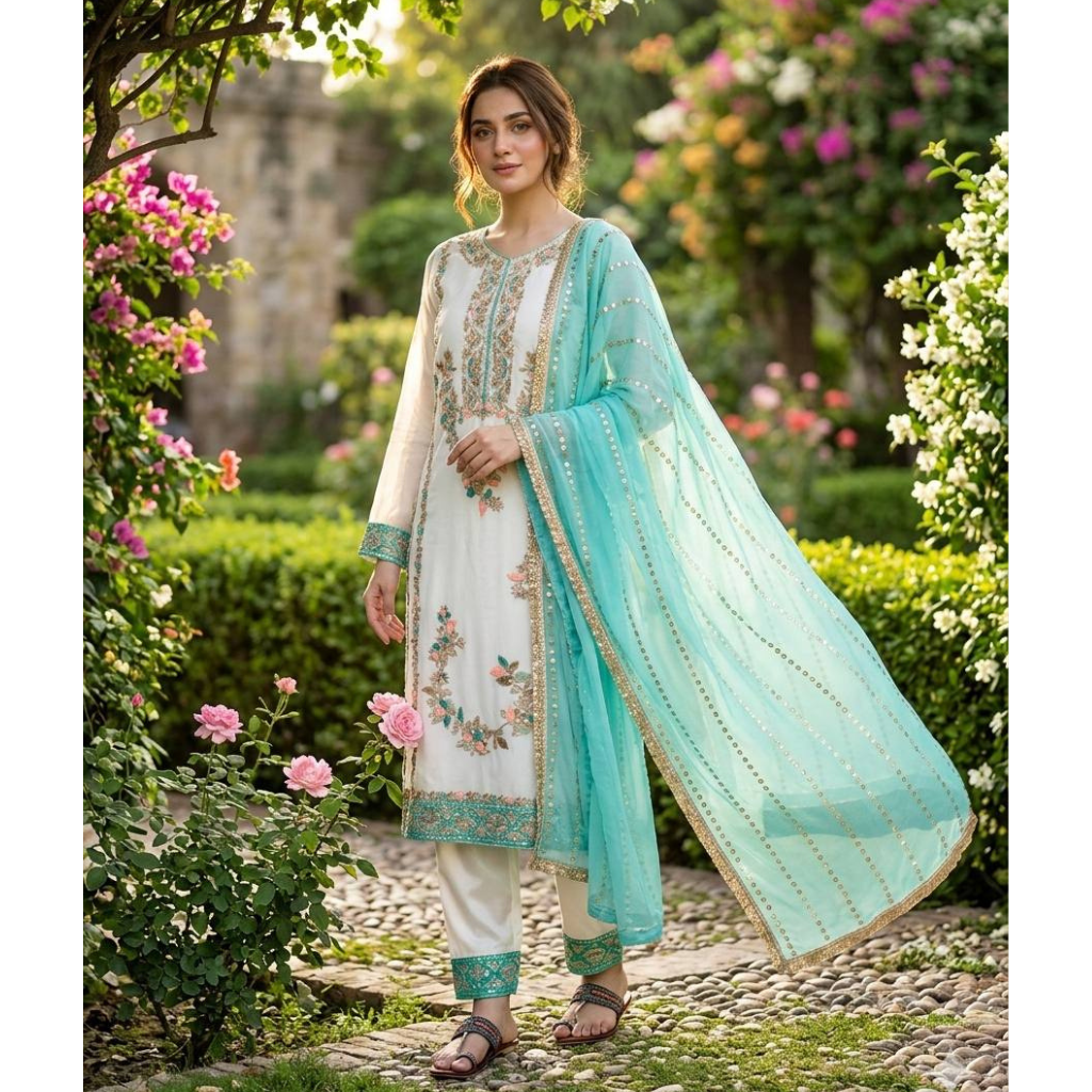 Party Wear Embroidered Women Top Palazzo Dupatta Suit Dress mahezon