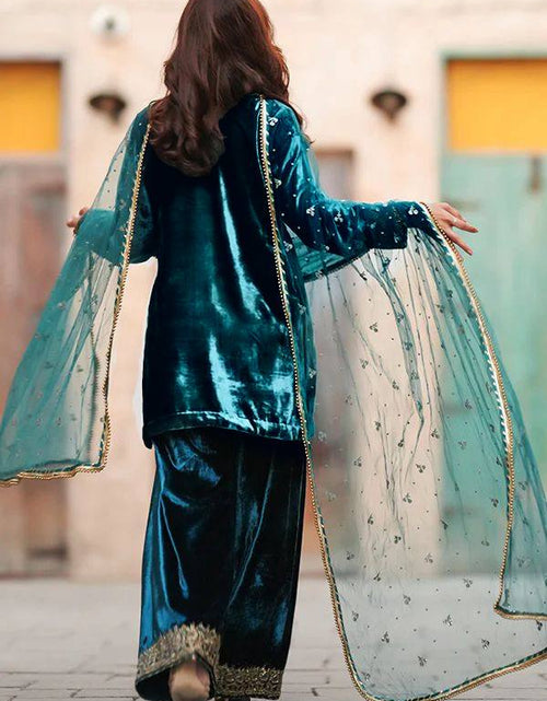 Load image into Gallery viewer, Designer Blue Velvet Wedding Wear Velvet Women Top Pant Dupatta Suit Set Mahezon
