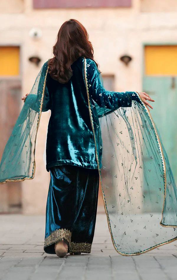 Designer Blue Velvet Wedding Wear Velvet Women Top Pant Dupatta Suit Set Mahezon