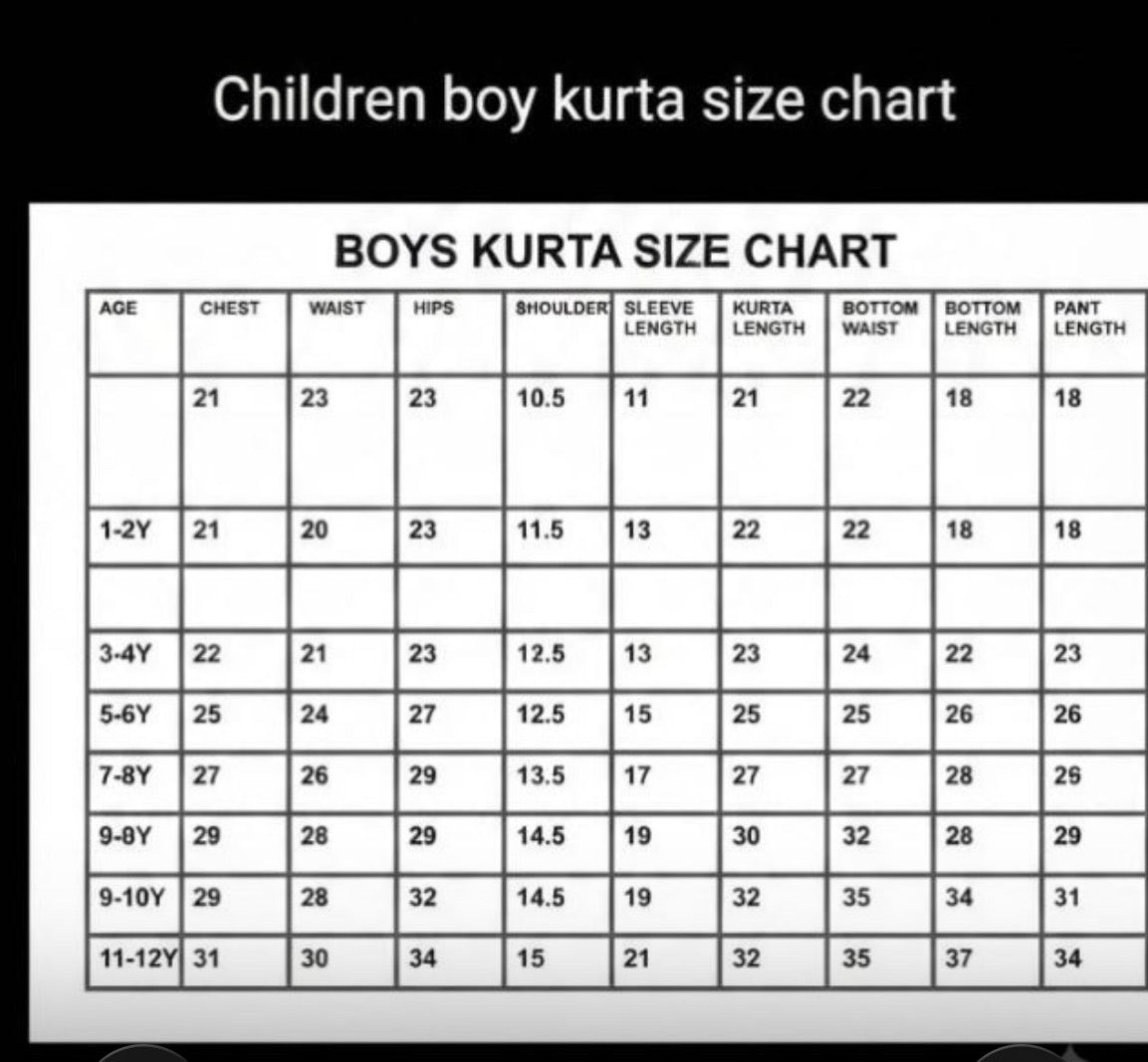A children's boy kurta size chart table with columns for age, chest, waist, hips, shoulder, sleeve length, kurta length, bottom waist, bottom length, and pant length, under the heading 'BOYS KURTA SIZE CHART'.