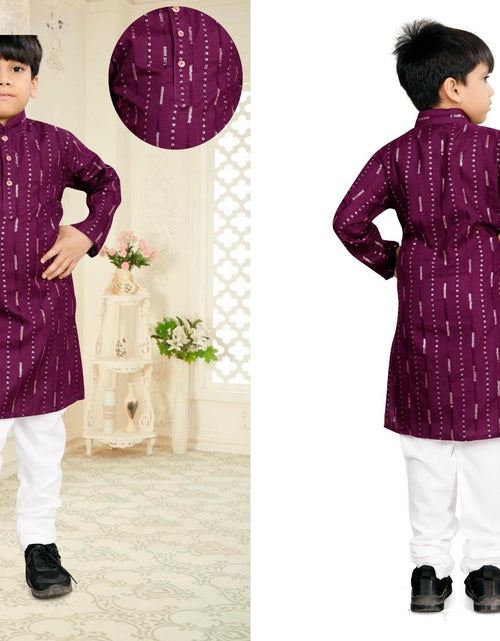 Load image into Gallery viewer, Father and Son Matching Festive Kurta Set Combo – Men &amp; Boys Deep Purple Foil Striped Kurta with White Pyjama mahezon
