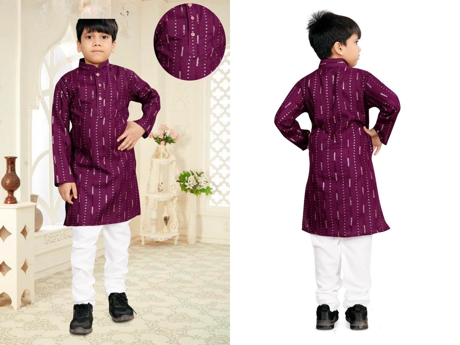 Father and Son Matching Festive Kurta Set Combo – Men & Boys Deep Purple Foil Striped Kurta with White Pyjama mahezon