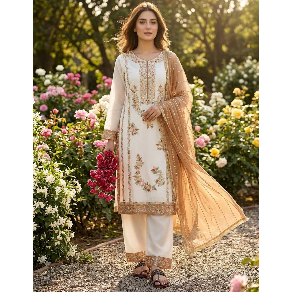 Party Wear Embroidered Women Top Palazzo Dupatta Suit Dress mahezon
