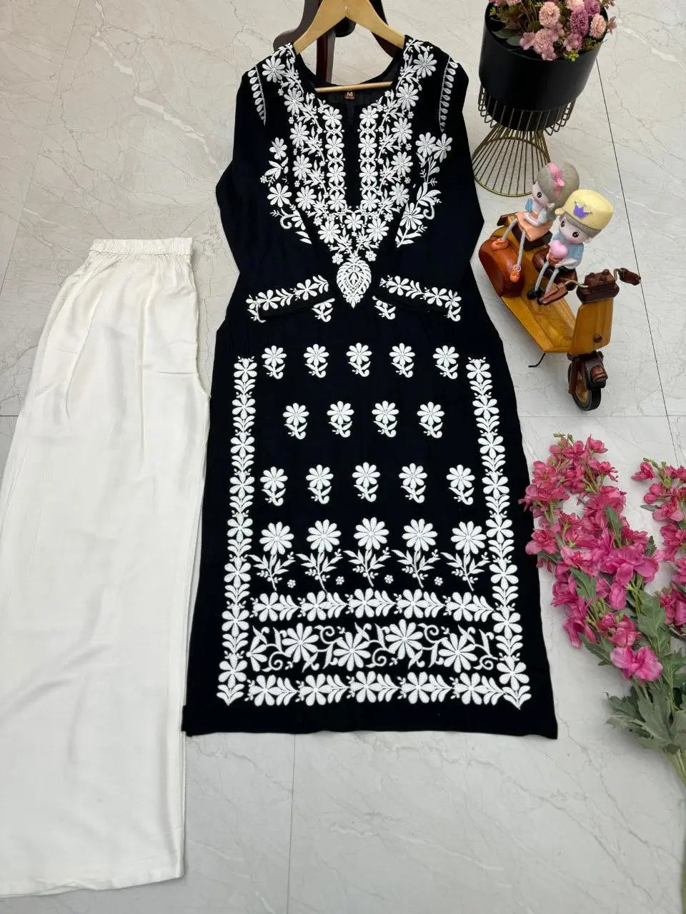 Chikankari Women's Black Top Palazzo Set mahezon