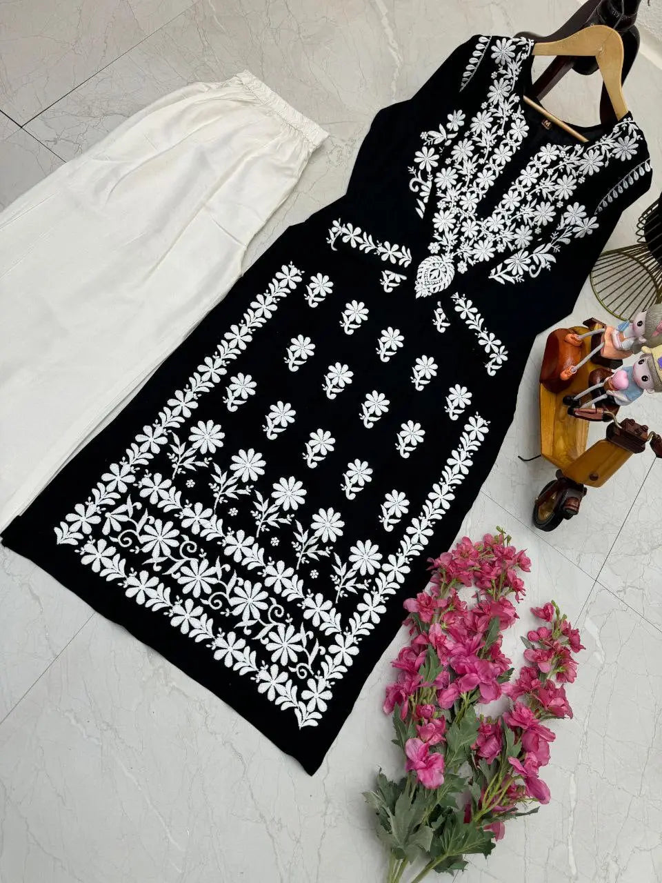 Chikankari Women's Black Top Palazzo Set mahezon