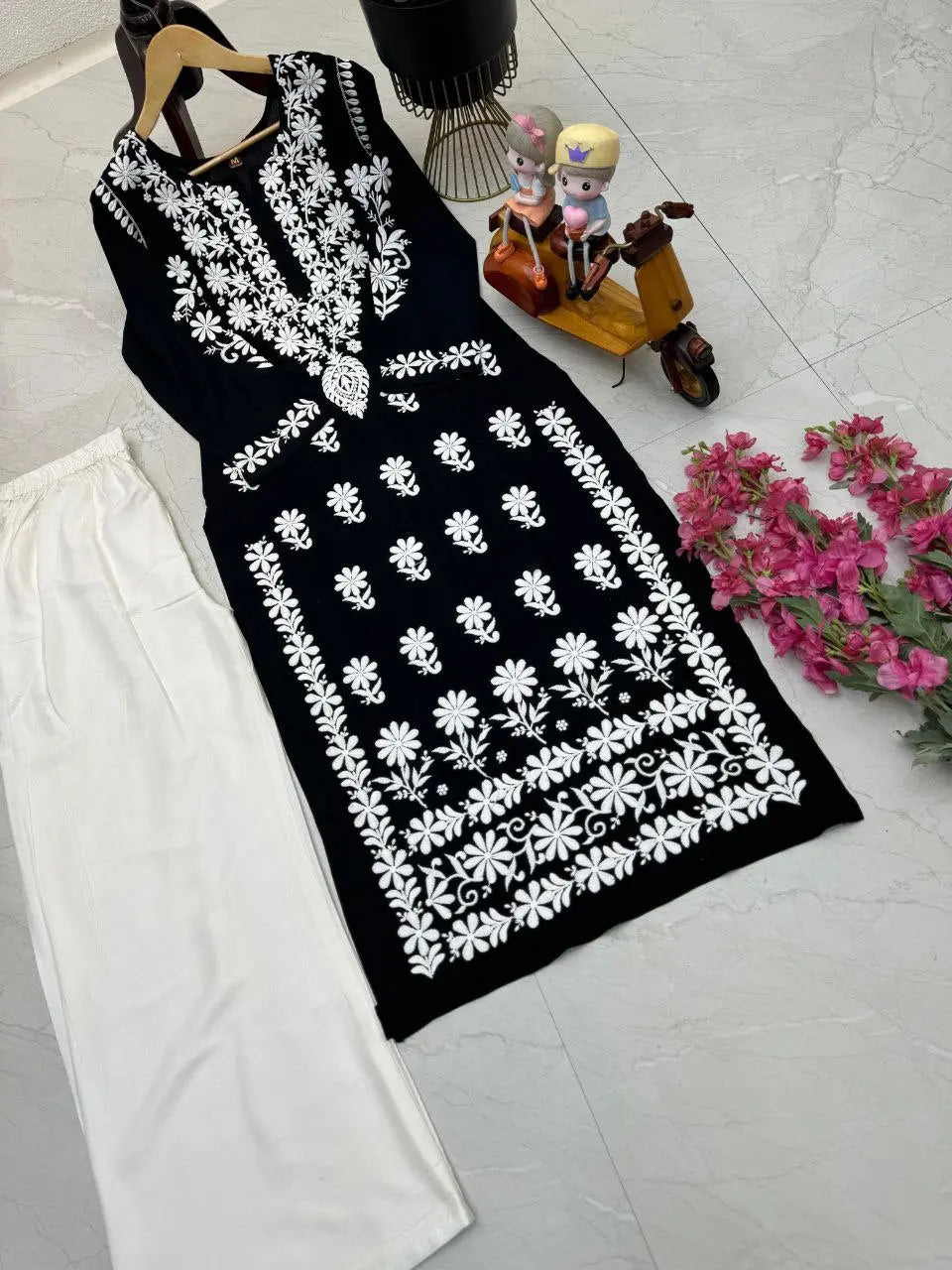 Chikankari Women's Black Top Palazzo Set mahezon