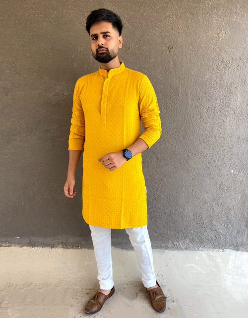 Load image into Gallery viewer, Cotton Chikankari Wedding Men&#39;s Kurta Payjama Yellow mahezon
