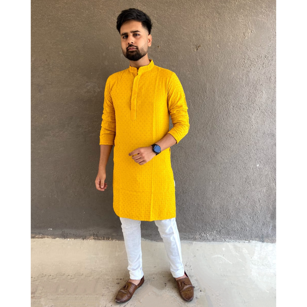 Cotton Chikankari Wedding Men's Kurta Payjama Yellow mahezon