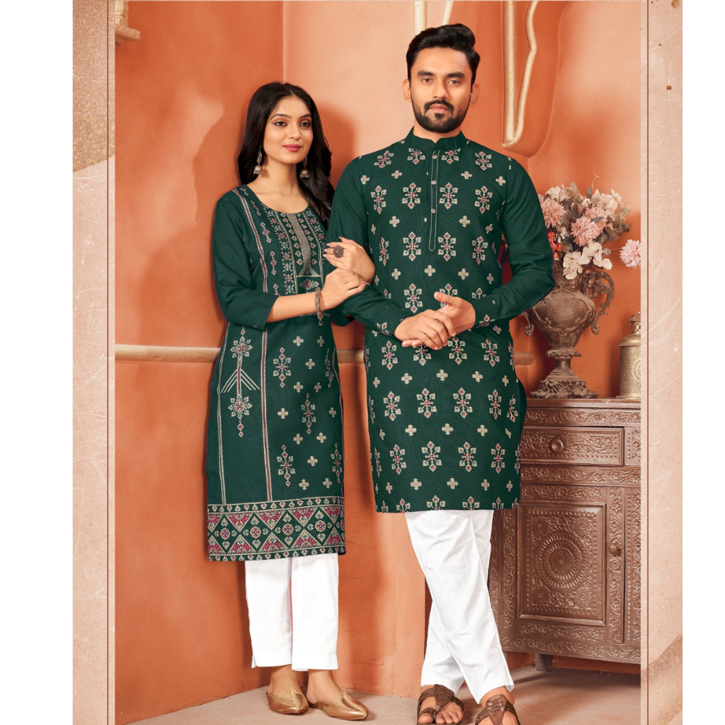 Cotton Traditional Wedding Couple Wear Same Matching Outfits Green mahezon