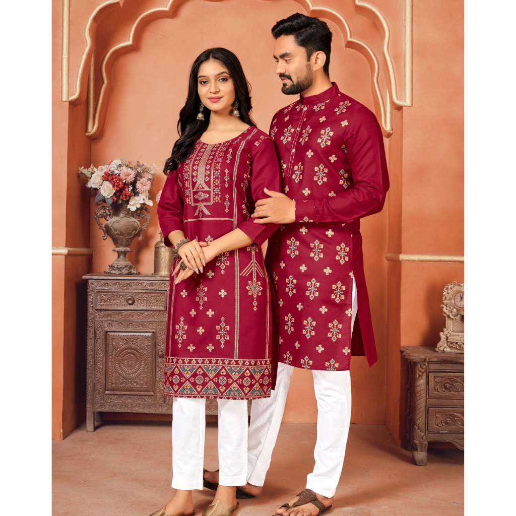 Cotton Traditional Wedding Couple Wear Same Matching Outfits Red mahezon