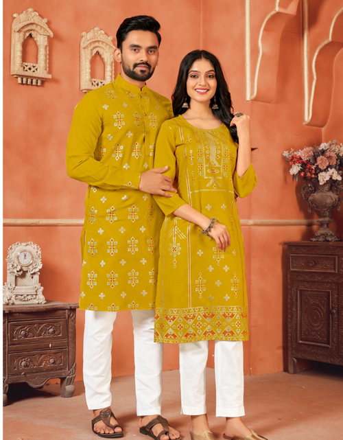 Load image into Gallery viewer, Cotton Traditional Wedding Couple Wear Same Matching Outfits Yellow mahezon
