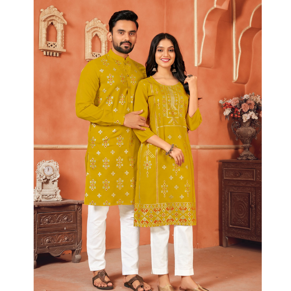 Cotton Traditional Wedding Couple Wear Same Matching Outfits Yellow mahezon