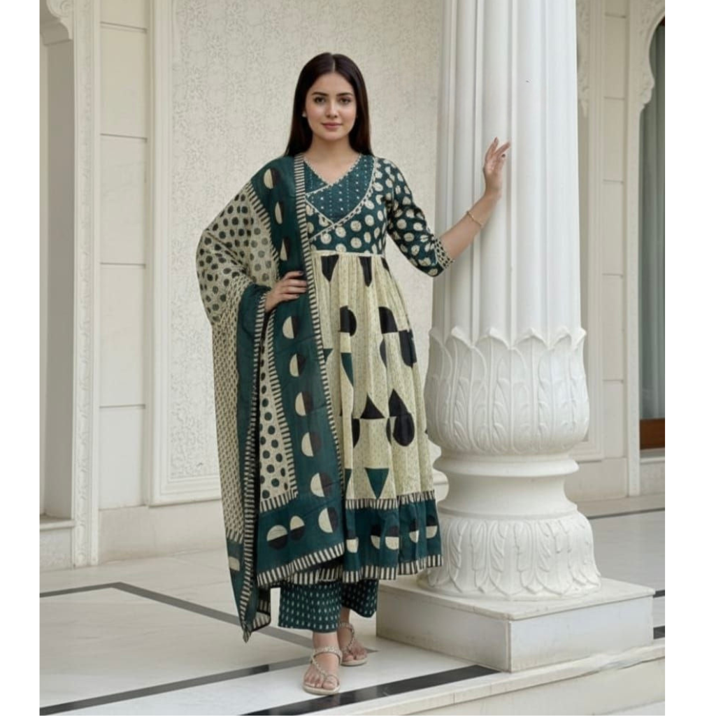 Cotton Anarkali Women Kurti Pant Dupatta Set mahezon