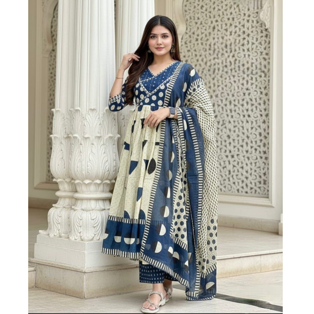 Cotton Anarkali Women Kurti Pant Dupatta Set mahezon