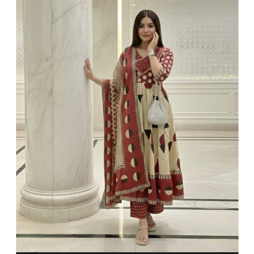 Cotton Anarkali Women Kurti Pant Dupatta Set mahezon