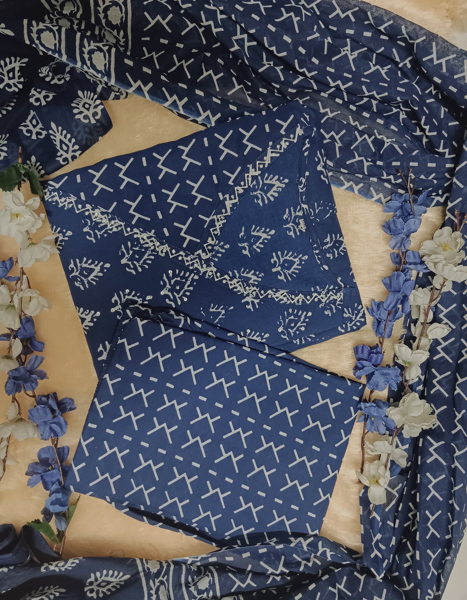 Cotton Angrakha Women Kurta Pant with Dupatta Set mahezon