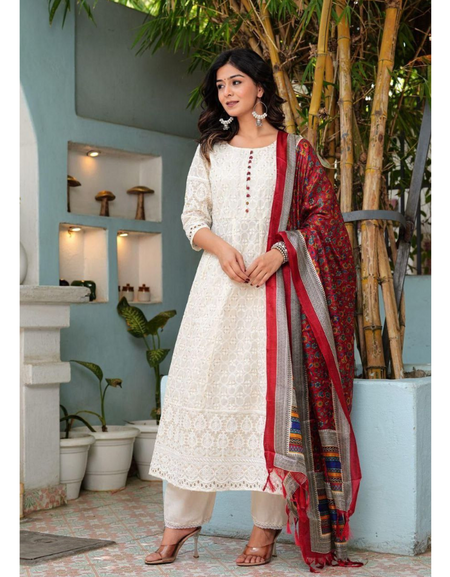 Cotton Chikankari Anarkali Women's Kurti Pant With Dupatta mahezon