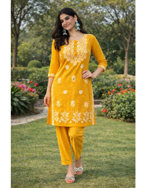 Load image into Gallery viewer, Cotton Haldi Wedding Women’s Kurti Pant Set mahezon
