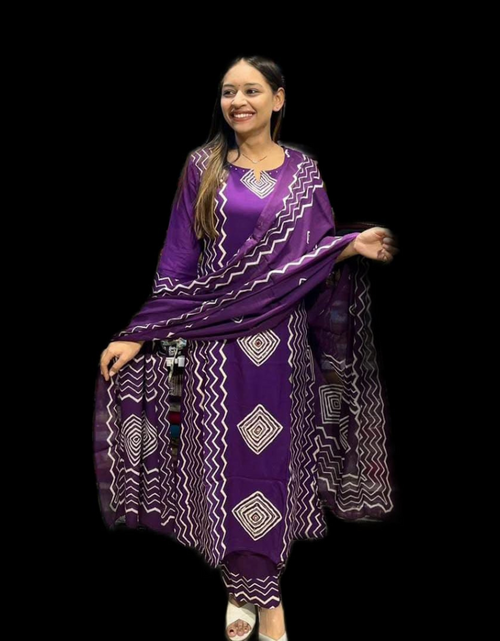 Load image into Gallery viewer, Cotton Purple Women&#39;s Kurti Pant set with Dupatta mahezon
